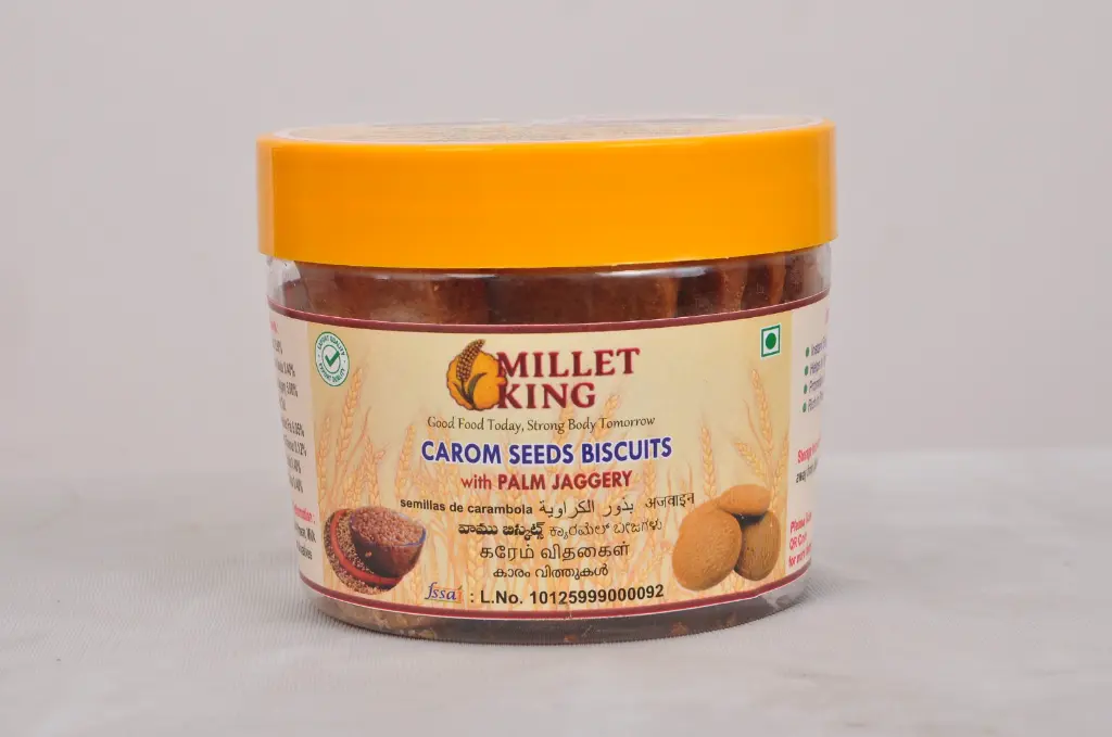 Carom seeds millet biscuits made with palm jaggery — healthy digestive cookies for export