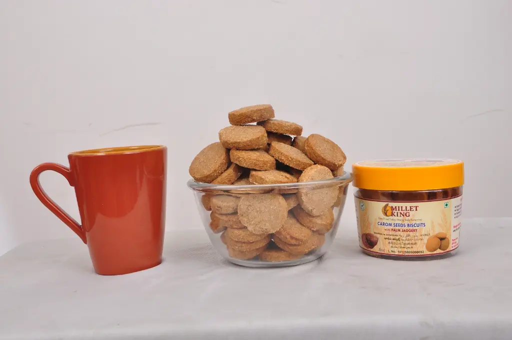 Carom seeds millet biscuits made with palm jaggery — healthy digestive cookies for export